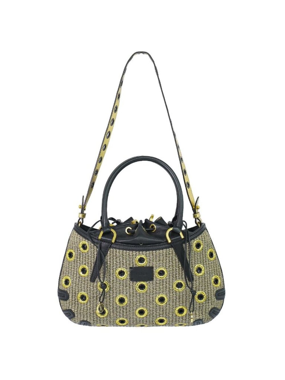 Fendi B Fab 2-Way Drawstring Shoulder Bag Straw Leather Beige Black
